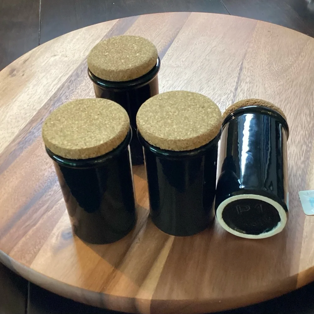 Pier 1 Italy set (4) ceramic spice jars with cork stoppers.